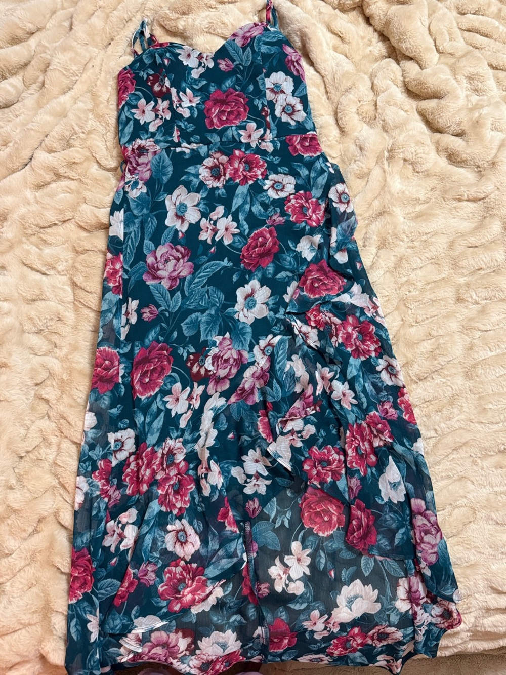 BCX Teal Floral Maxi Dress with Pink & White Blooms